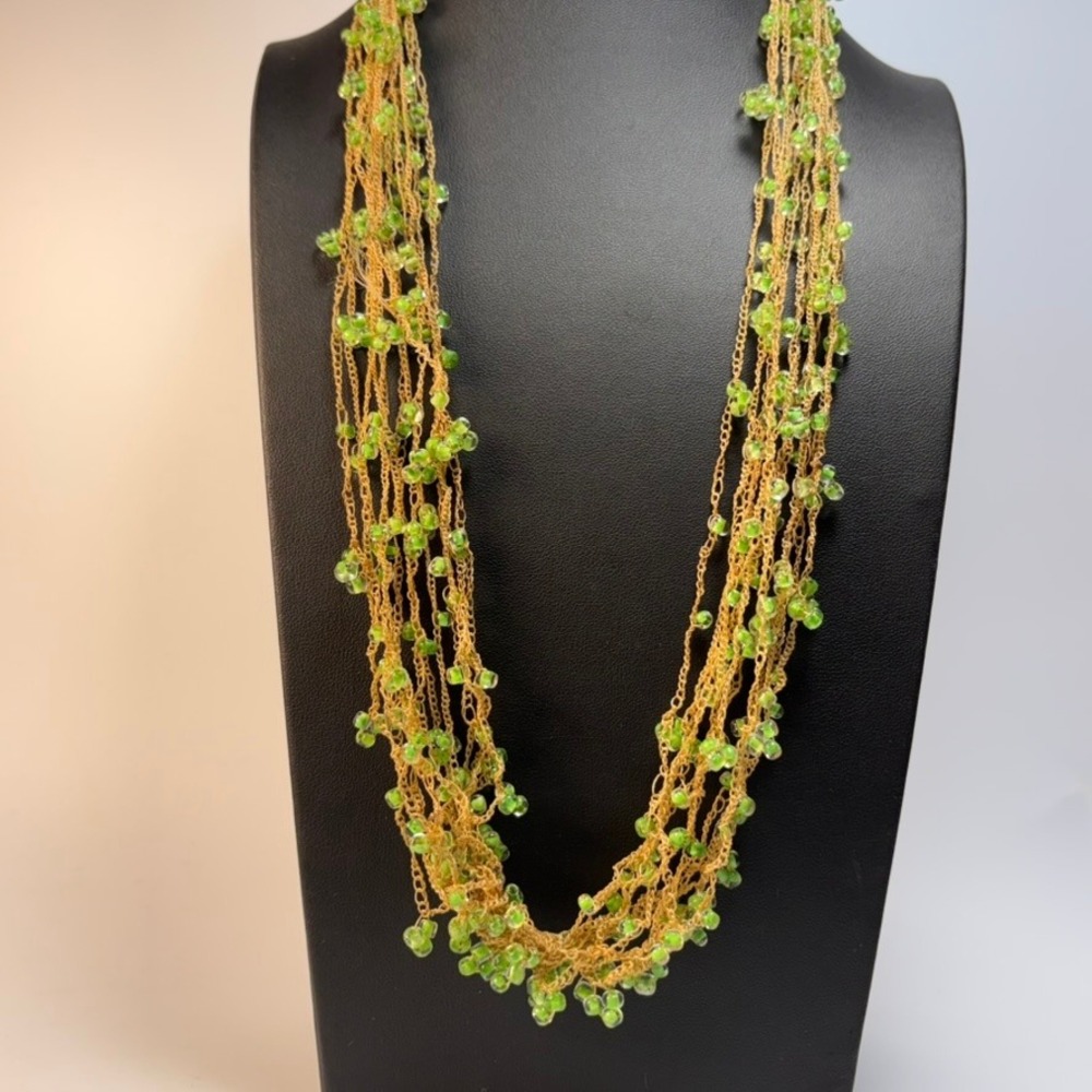 Vintage Beaded Necklace Green Gold Multi Strand Boho Statement Whimsygoth